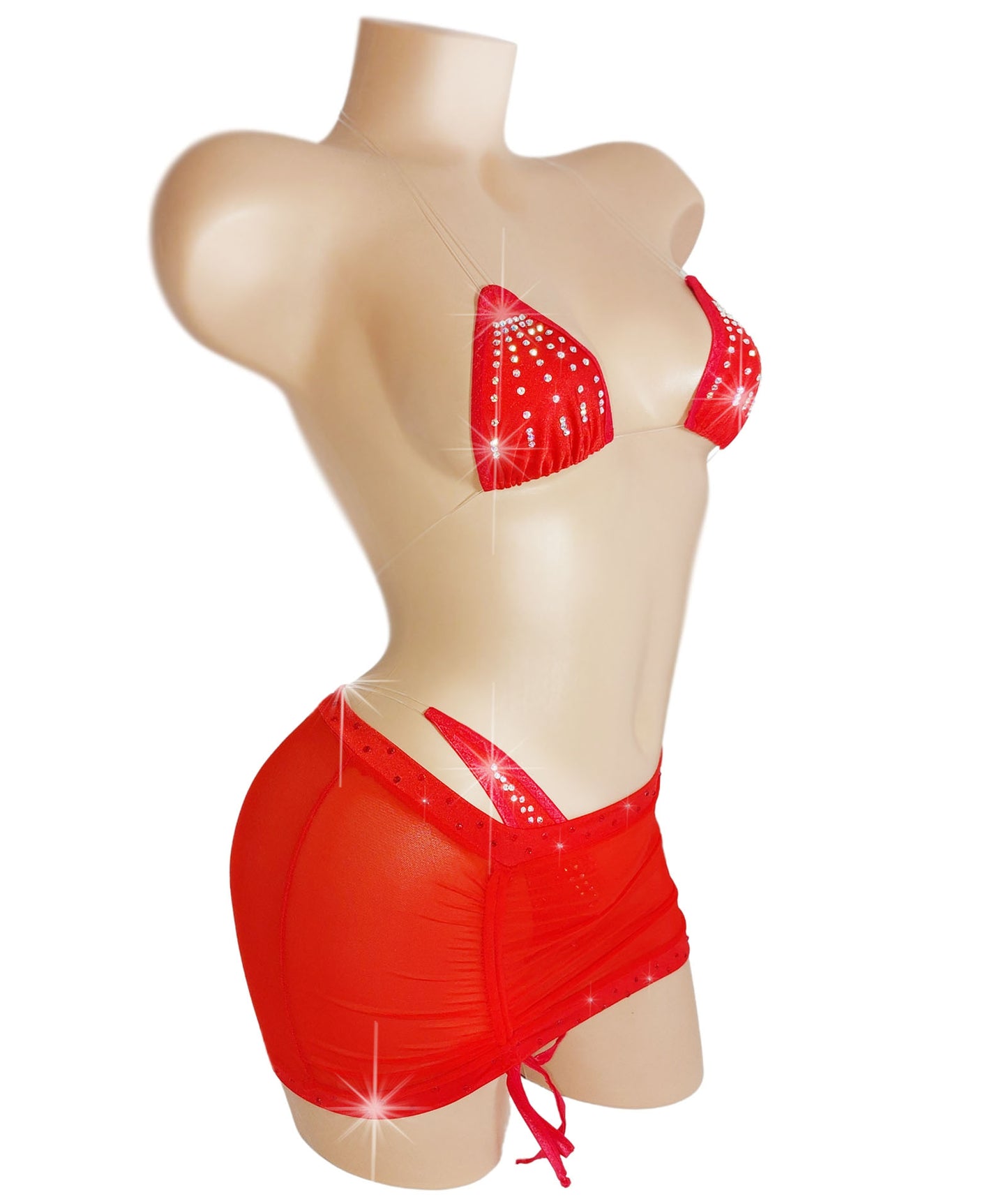 Red rhinestone bikini with red mesh see through mini skirt on a curvy sexy mannequin.