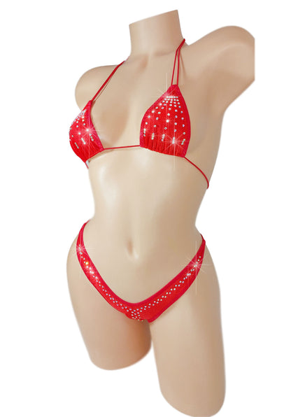 Red rhinestone cord bikini on a mannequin.
