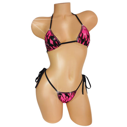 Hot Pink flame tie bikini with rose colored rhinestones.