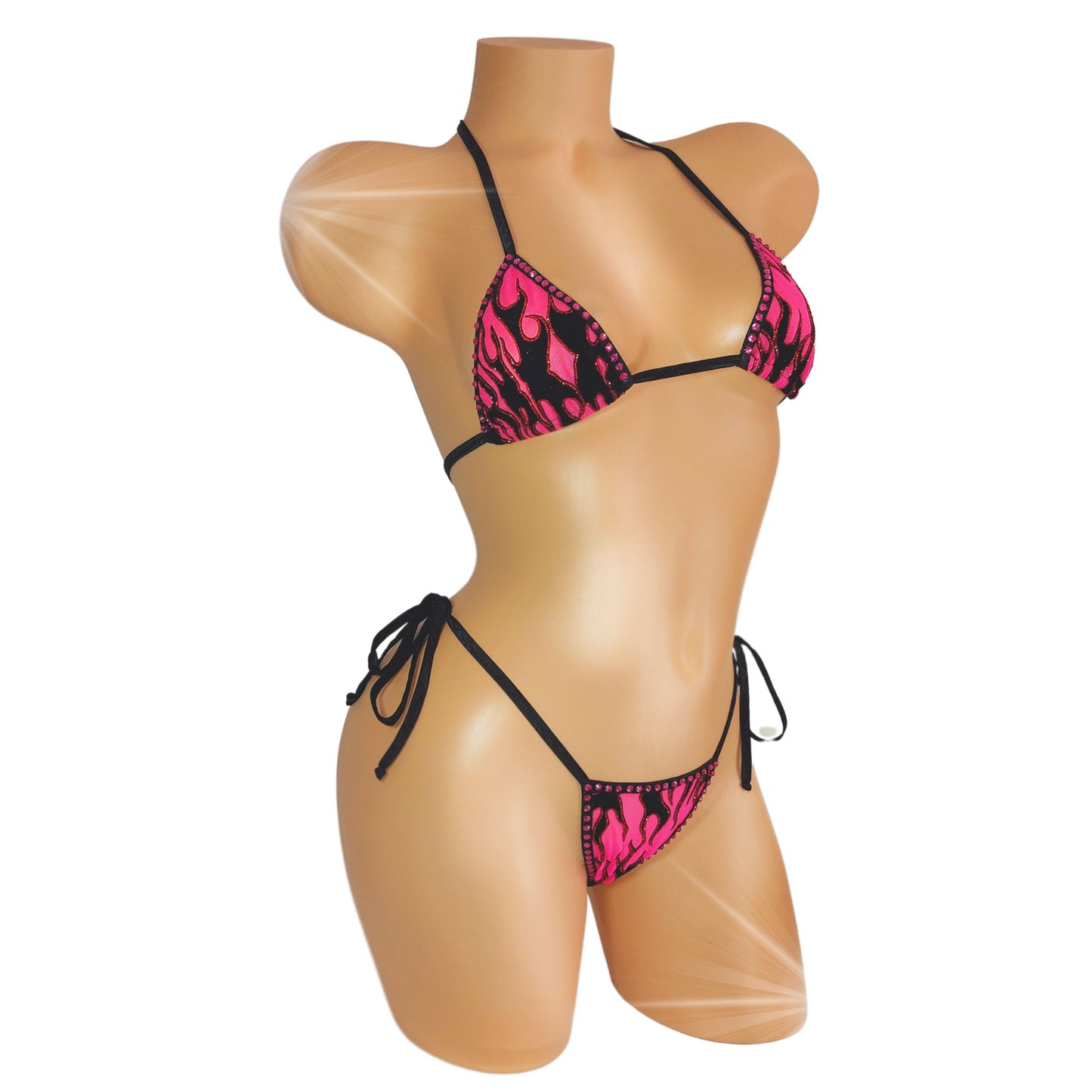 Hot Pink flame tie bikini with rose colored rhinestones.