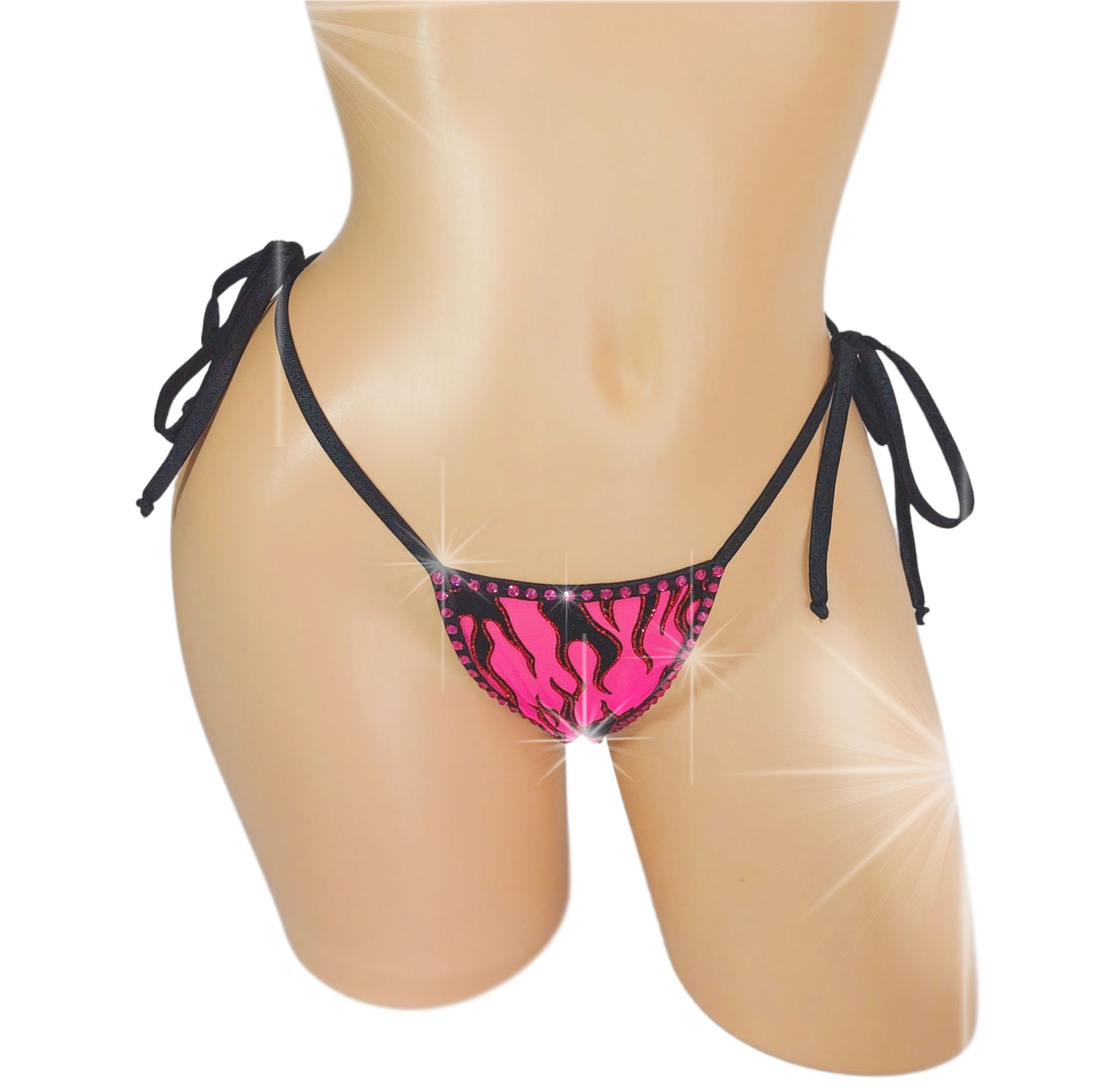 Rhinestone pink flame pattern thong with tie sides.