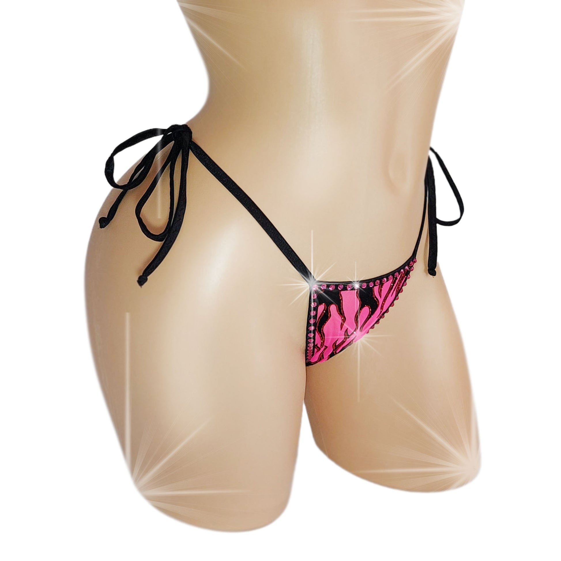 Rhinestone pink flame pattern thong with tie sides.