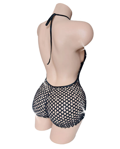 Sexy Rhinestone fishnet Micro Monokini romper shorts one piece * Glow Party!