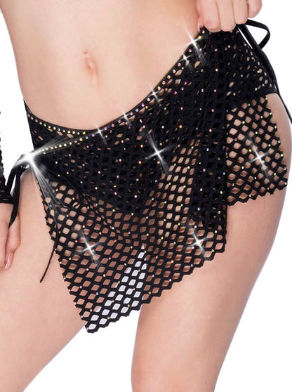 Fishnet Rhinestone Double Tie Micro Mini Wrap skirt
