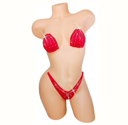 Red Illusion bikini Skirt Set covered with hand applied Crystal rhinestones - from AA - DD Sexy micro string bikini mini skirt