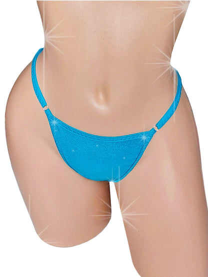 Blue thong bikini bottom on a sexy mannequin against a white background
