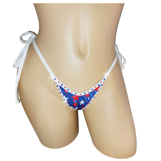 Flag 4th of July bedazzled Bikini bottom with star pattern on a mannequin against a white background