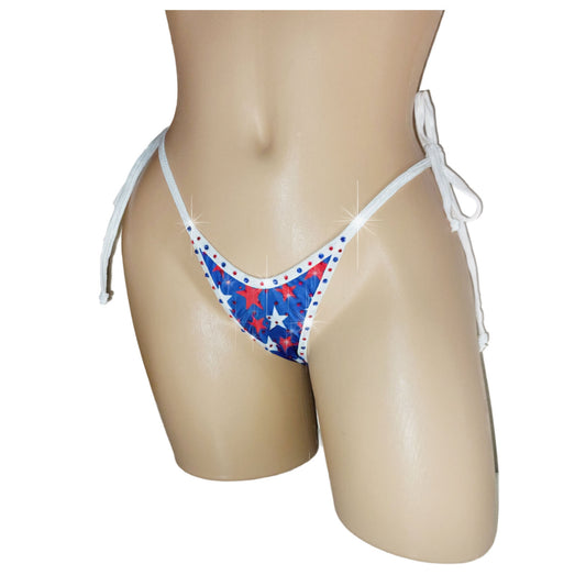 Flag 4th of July bedazzled Bikini bottom with star pattern on a mannequin against a white background