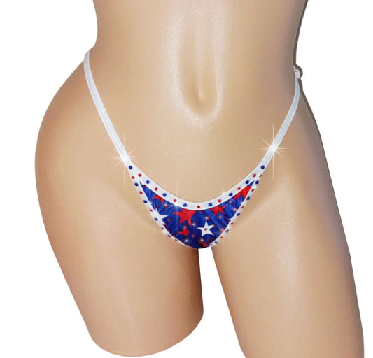 Rhinestone bedazzled Red, white, and blue star-patterned thong on a mannequin against a white background