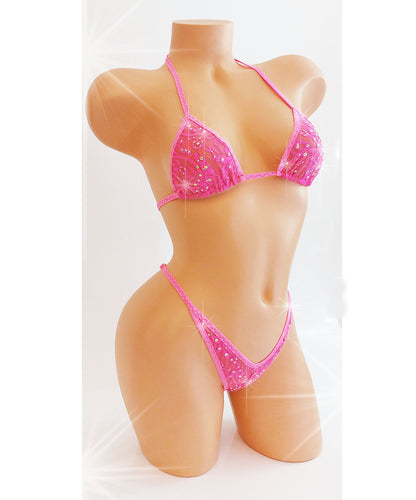 Shockingly Pink! FULLY LINED Lace Rhinestone adjustable strap thong bikini - Rave, Exotic Dancewear, Stripper outfits, Pole Dance lingerie, SW