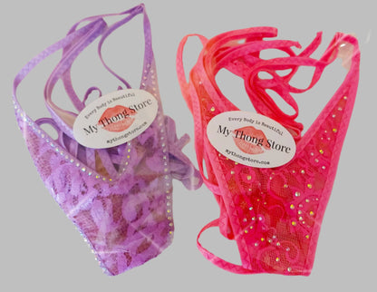 Shockingly Pink! FULLY LINED Lace Rhinestone adjustable strap thong bikini - Rave, Exotic Dancewear, Stripper outfits, Pole Dance lingerie, SW