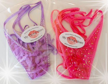 Lilac Lace Rhinestone FULLY LINED Adjustable thong bikini - Designed for Rave, Exotic Dancewear, Stripper outfits, Pole Dance lingerie, SW