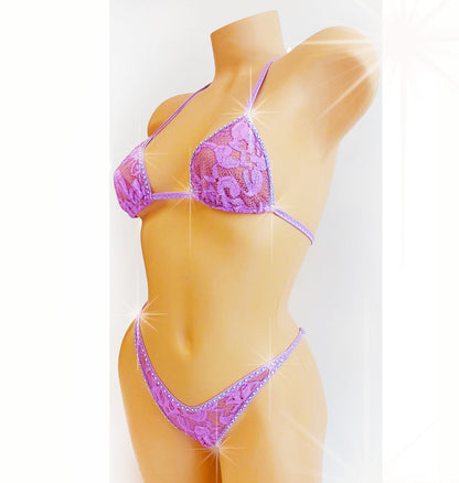 Lilac Lace Rhinestone FULLY LINED Adjustable thong bikini - Designed for Rave, Exotic Dancewear, Stripper outfits, Pole Dance lingerie, SW