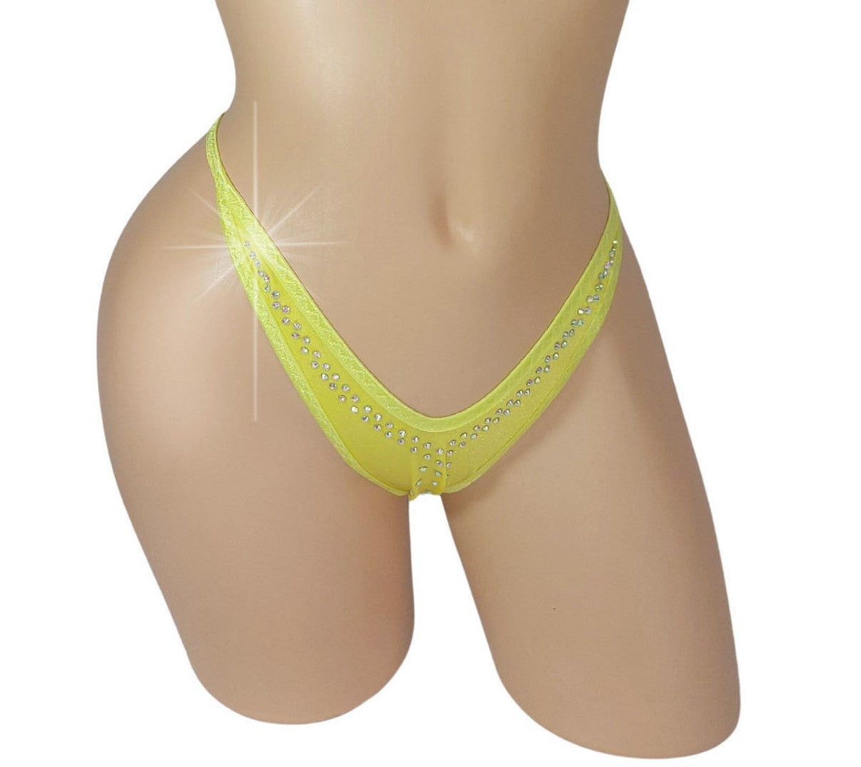 Yellow thong with rhinestones on a sexy mannequin form.