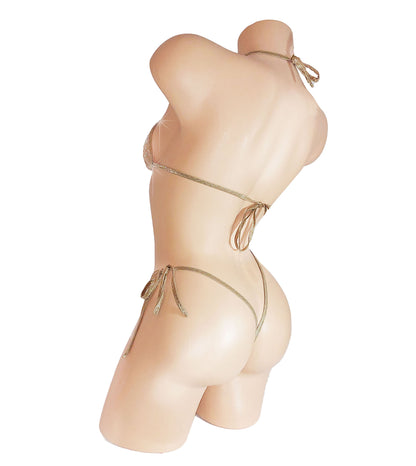 Rear view of Nude fabric bikini covered in rhinestones on a sexy mannequin.