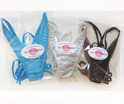 3 rhinestoned thong bikinis by mythongstore.com in packages