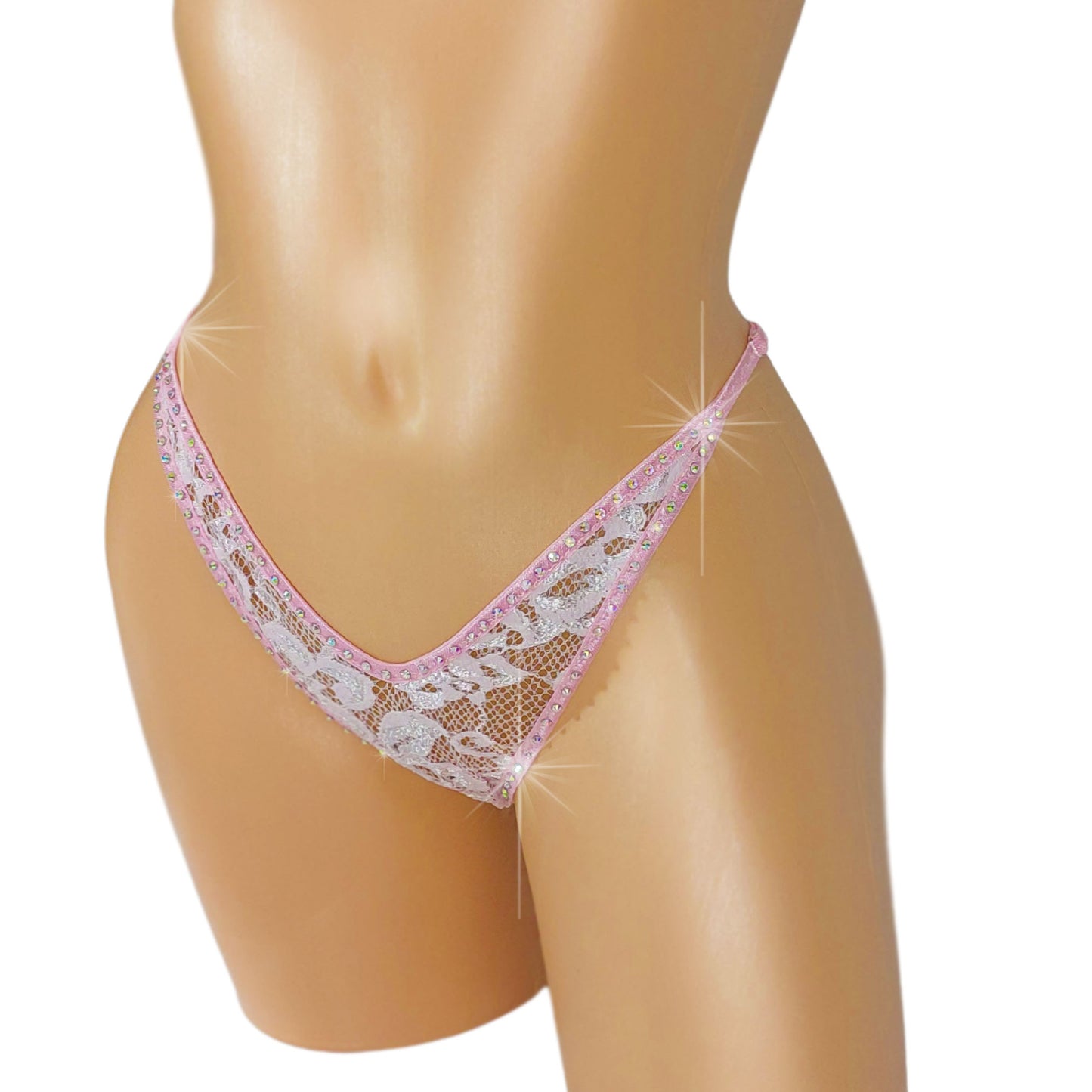 NEW! Baby Pink Lace rhinestone thong - Adjustable straps for perfect fit! Fully lined. Sexy dancer thong