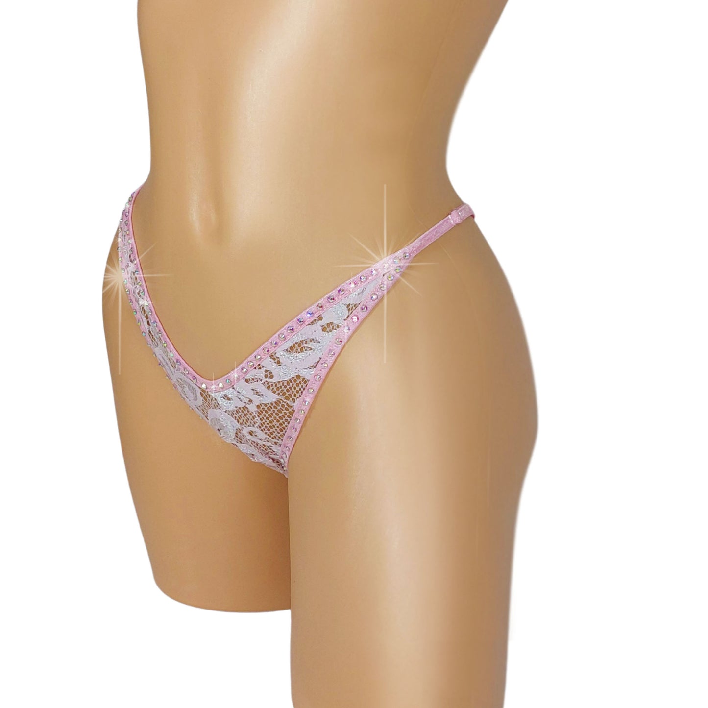 NEW! Baby Pink Lace rhinestone thong - Adjustable straps for perfect fit! Fully lined. Sexy dancer thong