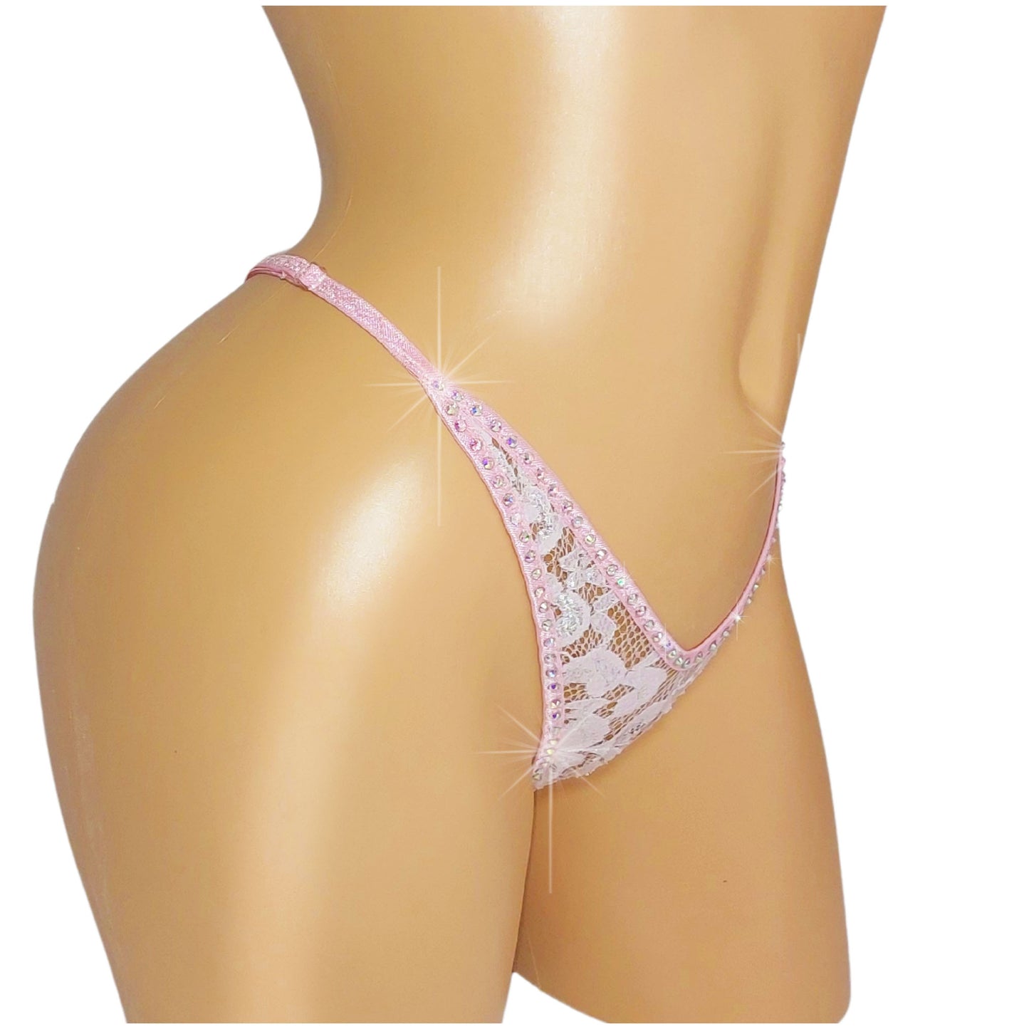 NEW! Baby Pink Lace rhinestone thong - Adjustable straps for perfect fit! Fully lined. Sexy dancer thong