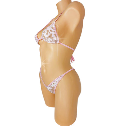 Baby Pink Lace with Crystal Rhinestones - Fully lined - designs for Rave, exotic Dancewear, Stripper outfits, Pole Dance