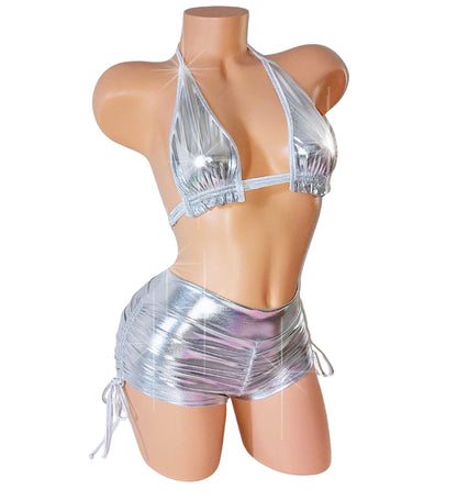 Shine in designer Silver Shorts and top set - Adjustable top goes from AA to DD. Bottoms can also be adjusted longer or shorter! Exotic Rave