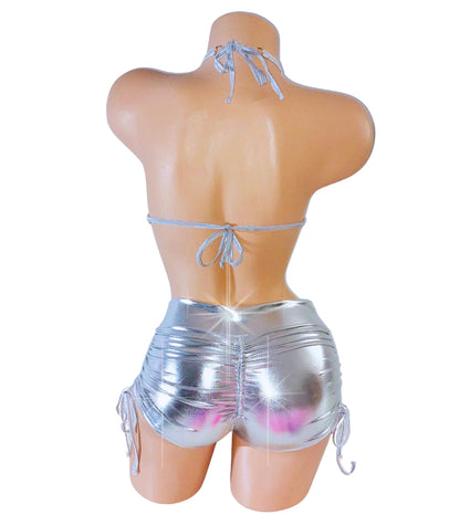 Shine in designer Silver Shorts and top set - Adjustable top goes from AA to DD. Bottoms can also be adjusted longer or shorter! Exotic Rave