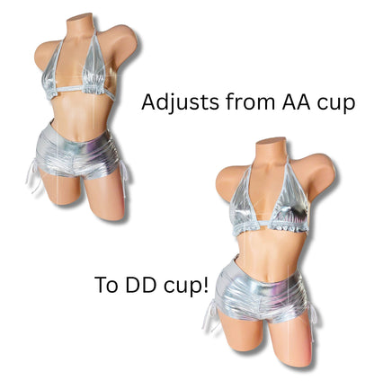 Shine in designer Silver Shorts and top set - Adjustable top goes from AA to DD. Bottoms can also be adjusted longer or shorter! Exotic Rave