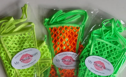 "MICRO MIMI" set- Sexy, stretchy fishnet 2 piece Micro Bikini & adjustable thong. Lots of GLOW in BLACK LIGHT colors to chose from -