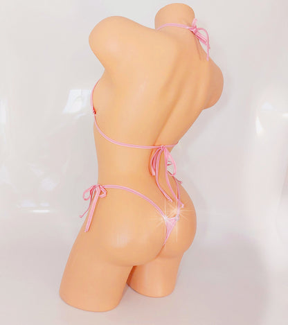 Rhinestone heart baby pink bikini set on a sexy mannequin, rear view.