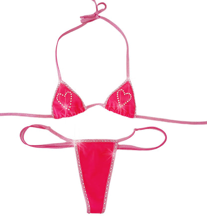 Product shot of Rhinestone heart hot pink bikini set on a white background.