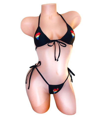 Rhinestone heart pride bikini on a sexy mannequin.