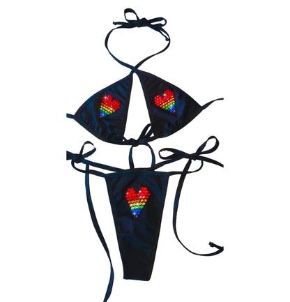Product shot of Rhinestone heart pride bikini on a white background.