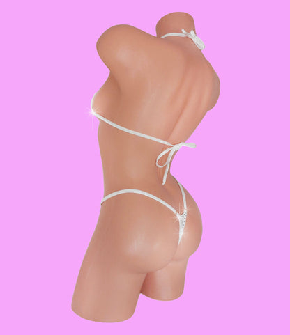 Rhinestone heart white bikini set on a sexy mannequin, rear view.
