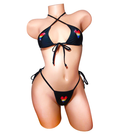 Rhinestone heart pride bikini on a sexy mannequin.