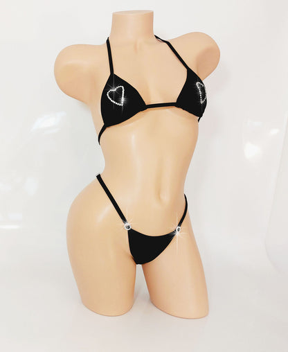 Rhinestone heart black bikini set on a sexy mannequin.