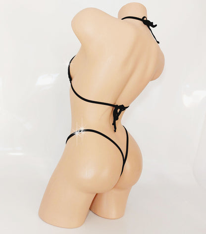 Rhinestone heart black bikini set on a sexy mannequin, rear view.
