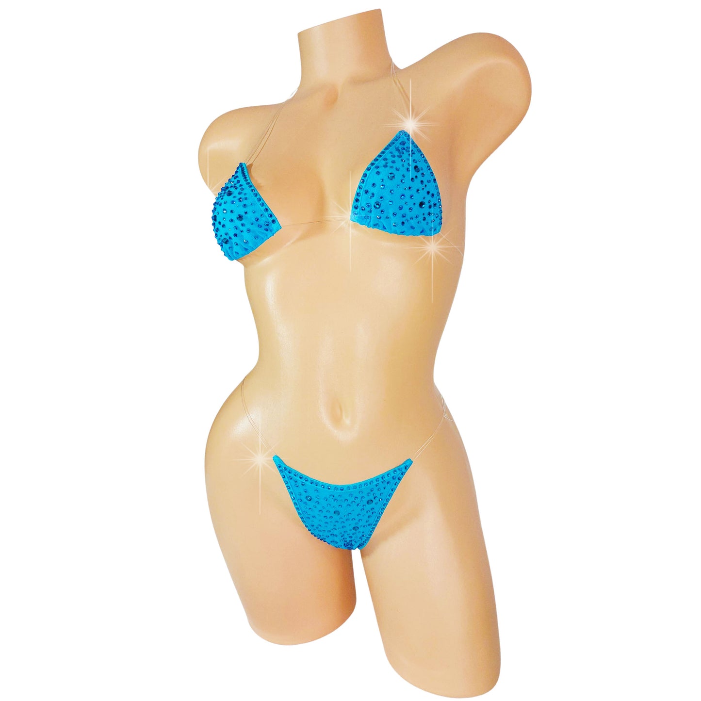 NEW! Cobalt Blue Mesh * Tons of sparkle! with Invisible Clear Illusion elastic bikini- AA to DD, XS to XL - Sexy exotic dancer outfits