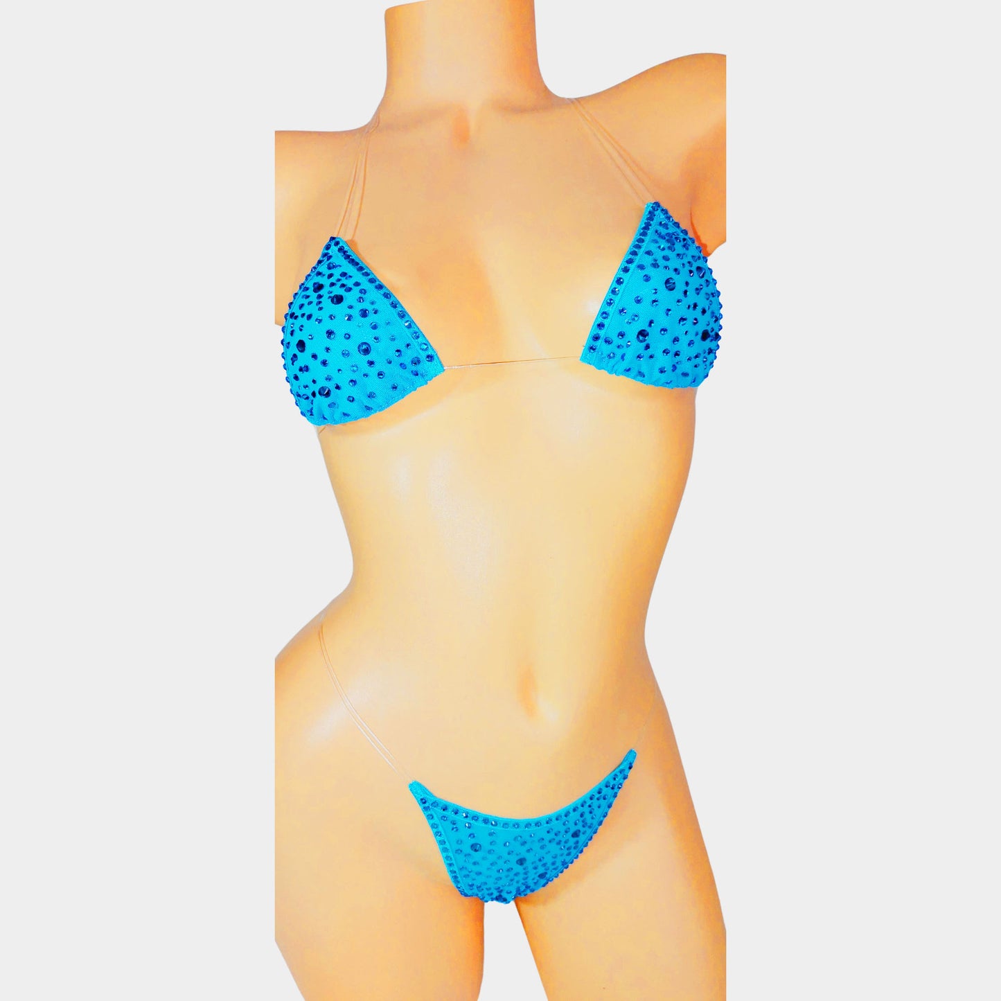 NEW! Cobalt Blue Mesh * Tons of sparkle! with Invisible Clear Illusion elastic bikini- AA to DD, XS to XL - Sexy exotic dancer outfits