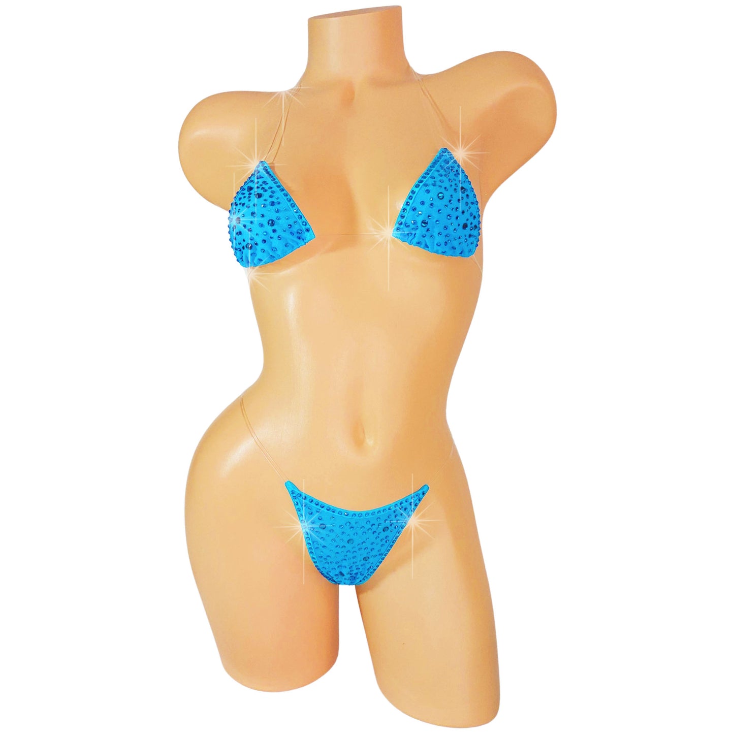 NEW! Cobalt Blue Mesh * Tons of sparkle! with Invisible Clear Illusion elastic bikini- AA to DD, XS to XL - Sexy exotic dancer outfits