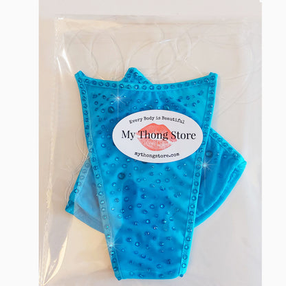 Cobalt Blue Mesh * Tons of sparkle! with Invisible Clear Illusion elastic bikini- AA to DD, XS to XL - Sexy exotic dancer outfits