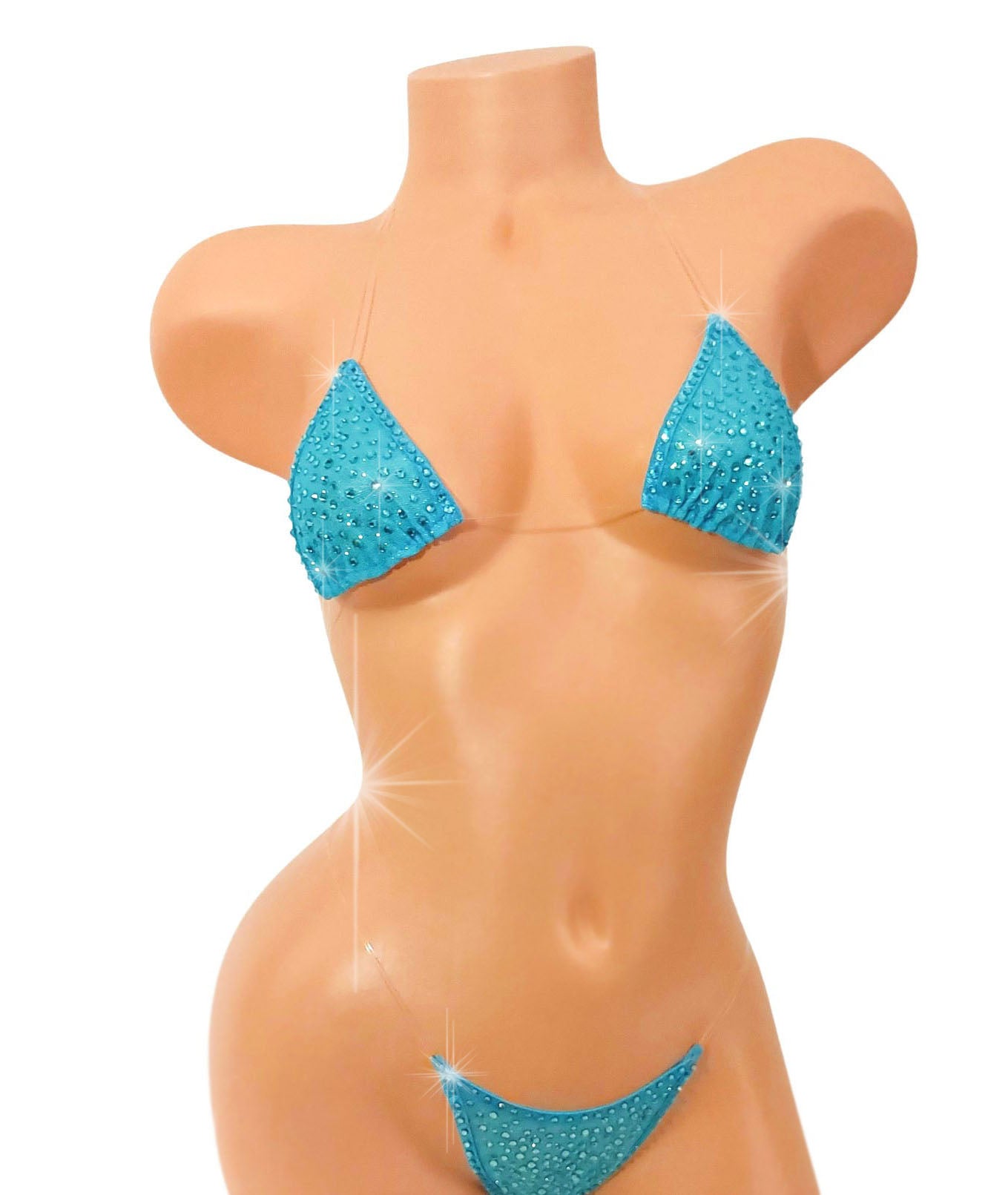  blue Rhinestone adorned cobalt blue mesh bikini with clear invisible straps on a curvy mannequin.