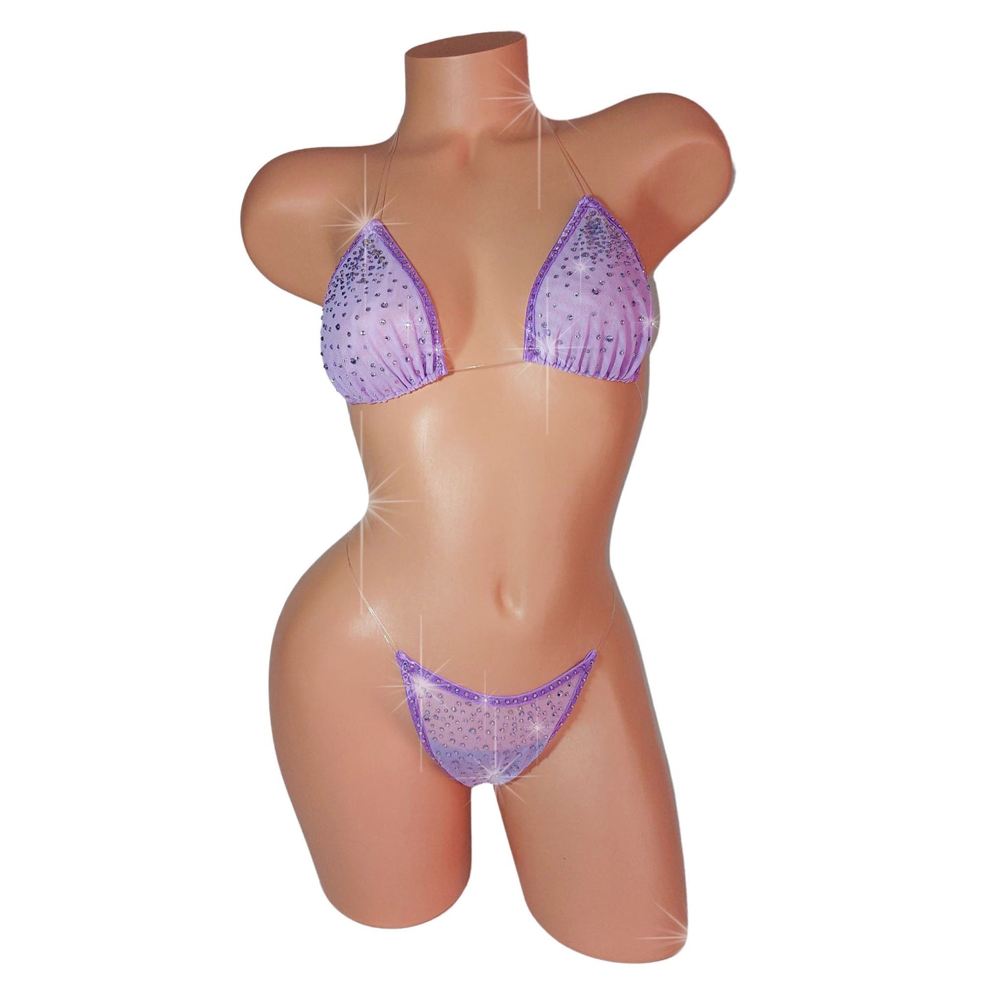 Semi-sheer Lilac bikini covered in rhinestones on a sexy mannequin.