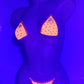 NEW! Black Light GLOW Neon Orange Mesh * Tons of sparkle! with Invisible Clear Illusion elastic bikini- AA to DD, XS to XL - Sexy exotic dancer outfits