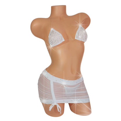 Bridal White mesh lllusion bikini & Skirt Set with hand applied Crystal rhinestones - from XS-XL sexy dancer micro string bikini