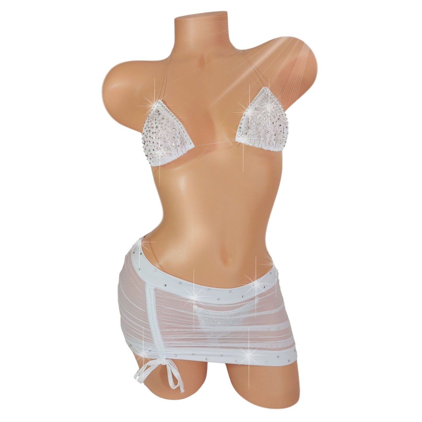 New! Bridal White mesh lllusion bikini & Skirt Set with hand applied Crystal rhinestones - from XS-XL sexy dancer micro string bikini