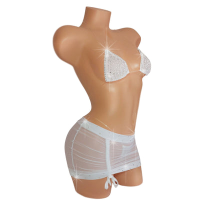Bridal White mesh lllusion bikini & Skirt Set with hand applied Crystal rhinestones - from XS-XL sexy dancer micro string bikini