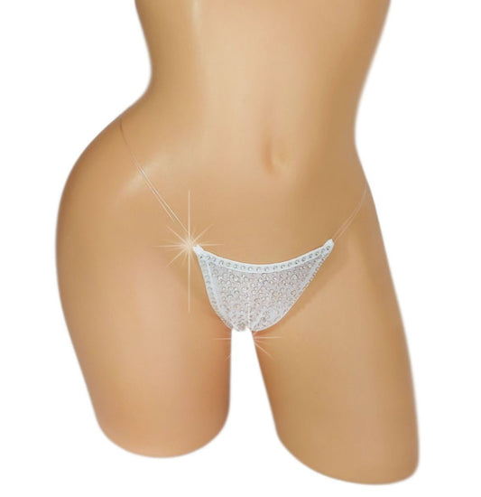 White mesh sparkle diamonte rhinestone thong with clear elastic on a curvy mannequin.