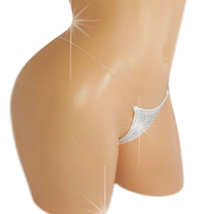 White mesh sparkle diamonte rhinestone thong with clear elastic on a curvy mannequin.