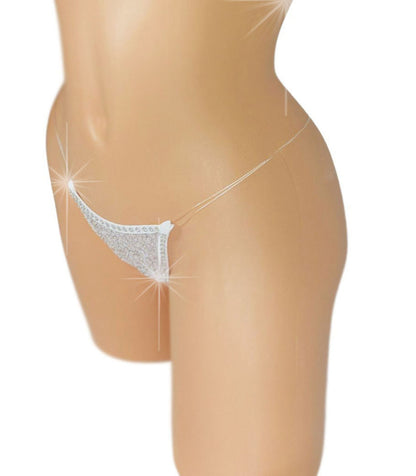 White mesh sparkle diamonte rhinestone thong with clear elastic on a curvy mannequin.