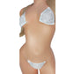 White mesh invisible strap string bikini covered in diamond rhinestones on a curvy mannequin.